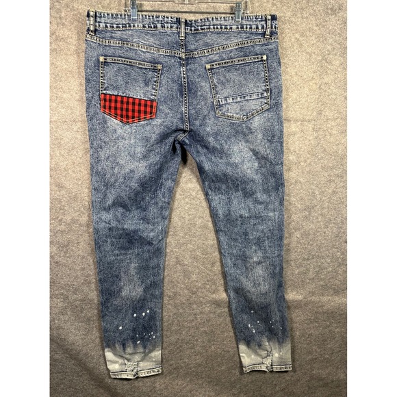 Rutherford Flex Skinny Fit Distressed Jeans Red Plaid Patches Men's Size 38 - Picture 8 of 8